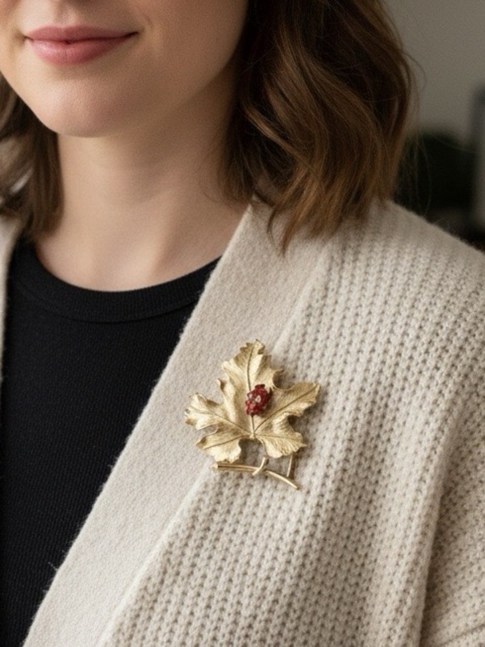 Vintage Sarah Coventry “Bit O’Fantasy” Gold Leaf Brooch with Red Ladybug Accent